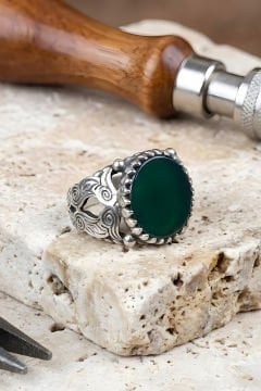 Bora Model El İşi Yeşil Akik Taşlı Gümüş Yüzük