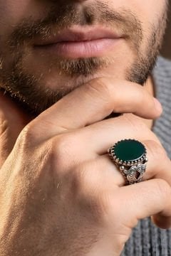 Bora Model El İşi Yeşil Akik Taşlı Gümüş Yüzük