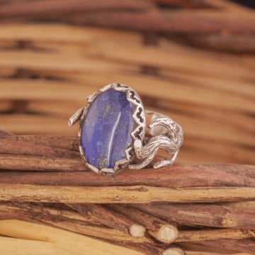 Ağaç Model Lapis Lazuli Taşlı El İşi Gümüş Yüzük