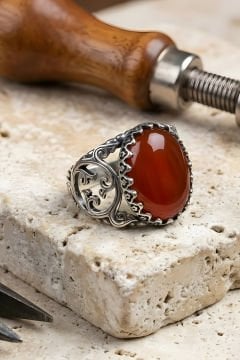 Selçuklu Sarmaşığı Model El İşi Akik Taşlı Gümüş Yüzük