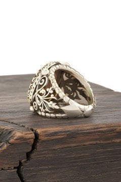 Yeşil Akik Taşlı El İşi Hayat Ağacı Gümüş Yüzük