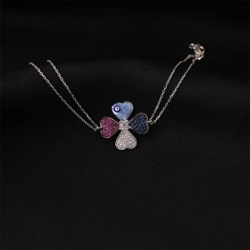 Renkli Zirkon Taşlı Yonca Model Gümüş Bileklik