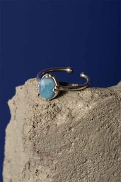 Akuamarin Taşlı Minimal Gümüş Ayarlanabilir Kadın Yüzük