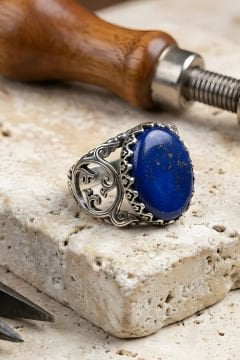 Selçuklu Sarmaşığı Model El İşi Lapis Lazuli Taşlı Gümüş Yüzük