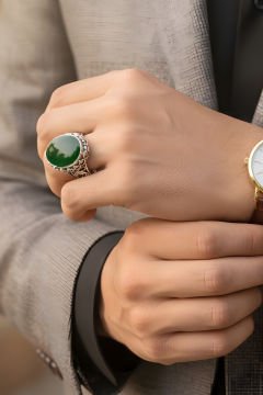 Yeşil Akik Taşlı El İşi Gümüş Yüzük