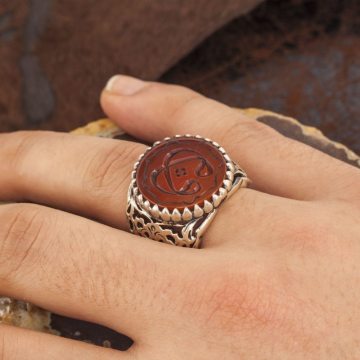 Çift Vav Akik Kazıma El İşi Gümüş Yüzük
