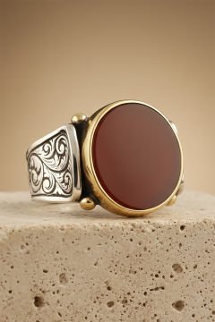 Kalem İşleme Desenli Akik Taşlı Gümüş Yüzük