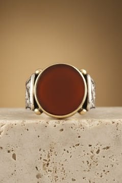 Kalem İşleme Desenli Akik Taşlı Gümüş Yüzük