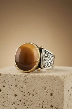 Kalem İşleme Desenli Kaplangözü Taşlı Gümüş Yüzük