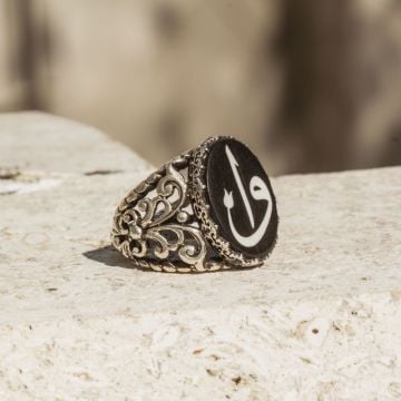 Abanoz Üzeri Fil Dişi Vav Elif Kakma El İşi Yüzük