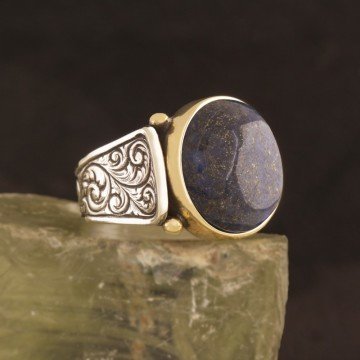 Kalem İşleme Desenli Lapis Taşlı Gümüş Yüzük