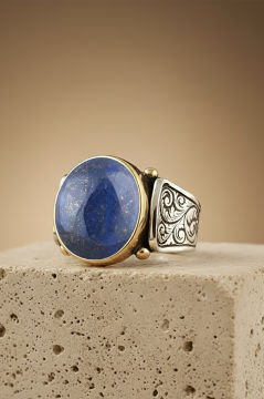 Kalem İşleme Desenli Lapis Taşlı Gümüş Yüzük
