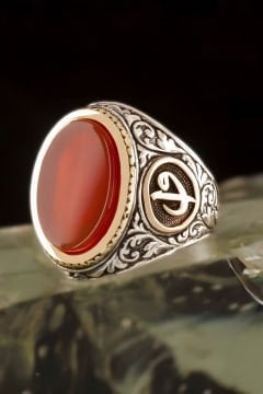 Akik Taşlı Vav Elif Desenli Gümüş Yüzük