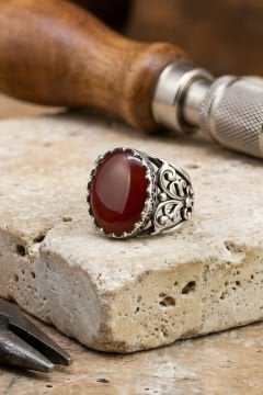 Hünkar  Model El İşi Akik Taşlı Gümüş Yüzük