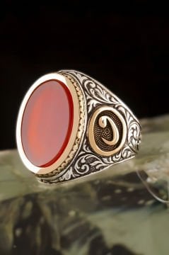 Akik Taşlı Vav Desenli Gümüş Yüzük