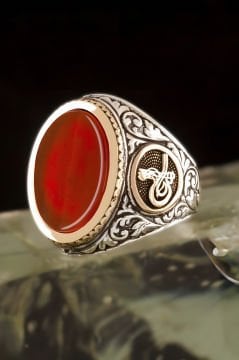 Akik Taşlı Tuğra Desenli Gümüş Yüzük