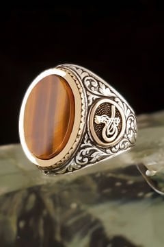 Kaplangözü Taşlı Tuğra Desenli Gümüş Yüzük