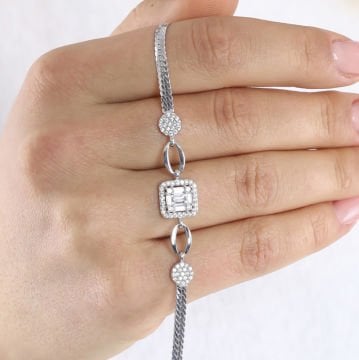Baget Zirkon Taşlı Zincirli Gümüş Bileklik