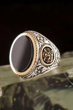 Oniks Taşlı Devlet Arması Desenli Gümüş Yüzük