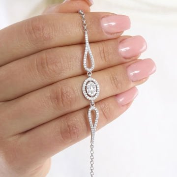 Oval Baget Zirkon Taşlı Gümüş Bileklik