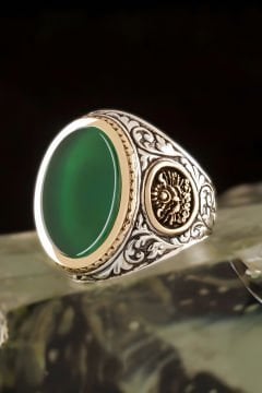 Yeşil Akik Devlet Arması Desenli Gümüş Yüzük
