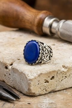 Hünkar  Model El İşi Lapis Lazuli Taşlı Gümüş Yüzük