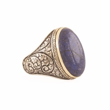 Lapis Taşlı Gravür Desenli Gümüş Yüzük