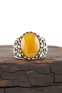 Sarı Akik Taşlı El İşi Gümüş Yüzük
