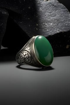 Yeşil Akik Taşlı Gravür Desenli Gümüş Yüzük
