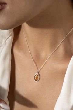 Damla Kehribar Taşlı Minimal Gümüş Kolye