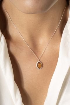 Damla Kehribar Taşlı Minimal Gümüş Kolye