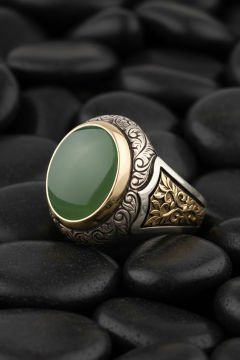 Yeşil Akik Taşlı Alemdar Model Gümüş Yüzük