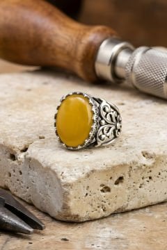 Hünkar  Model El İşi Sarı Akik Taşlı Gümüş Yüzük