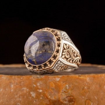 Lapis Taşlı Gravür Sarmaşık Model Gümüş Yüzük