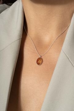 Damla Kehribar Taşlı Minimal Gümüş Kolye