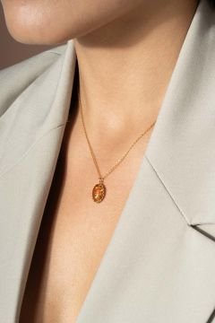 Damla Kehribar Taşlı Minimal Gümüş Kolye Altın Rengi