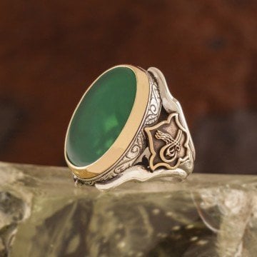 Yeşil Akik Taşlı Tuğralı Zambak Model Gümüş Yüzük