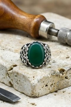 Hünkar  Model El İşi Yeşil Akik Taşlı Gümüş Yüzük