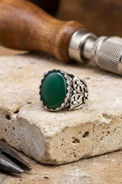 Hünkar  Model El İşi Yeşil Akik Taşlı Gümüş Yüzük