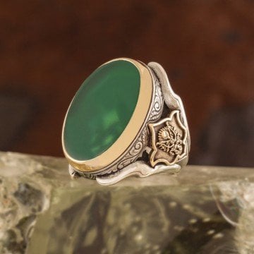 Yeşil Akik Devlet Arması Zambak Model Gümüş Yüzük