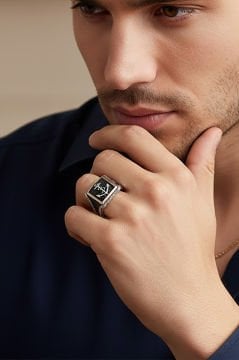 Kare Model Çapa Sembollü Gümüş Yüzük