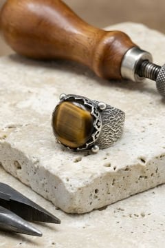 Ağaç Kabuğu Model El İşi Kaplangözü Taşlı Gümüş Yüzük