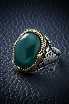 Yeşil Akik Taşlı Gümüş Erkek Yüzük