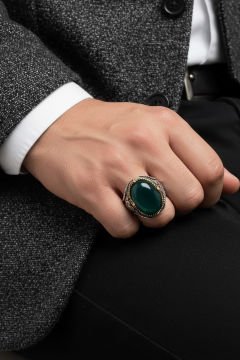Yeşil Akik Taşlı Gümüş Erkek Yüzük