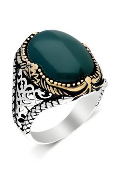 Yeşil Akik Taşlı Gümüş Erkek Yüzük