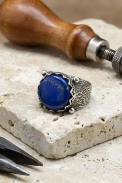 Ağaç Kabuğu Model El İşi Lapis Lazuli Taşlı Gümüş Yüzük