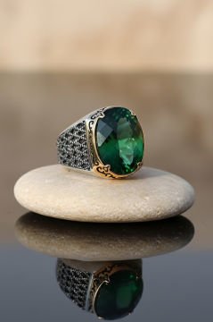 Yeşil Zirkon Taşlı Gümüş Erkek Yüzük