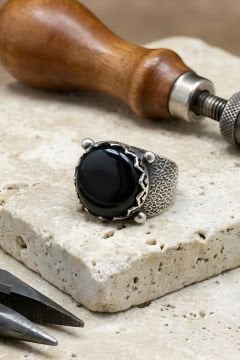 Ağaç Kabuğu Model El İşi Oniks Taşlı Gümüş Yüzük