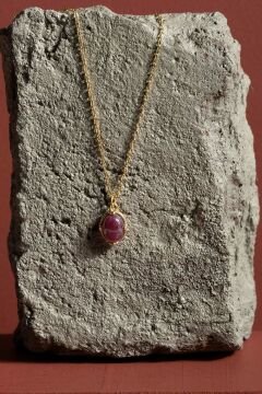 Doğal Yakut Taşlı Minimal Gümüş Kadın Kolye Altın Rengi