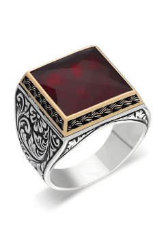 Kare Model Kalem İşlemeli Kırmızı Taşlı Yüzük